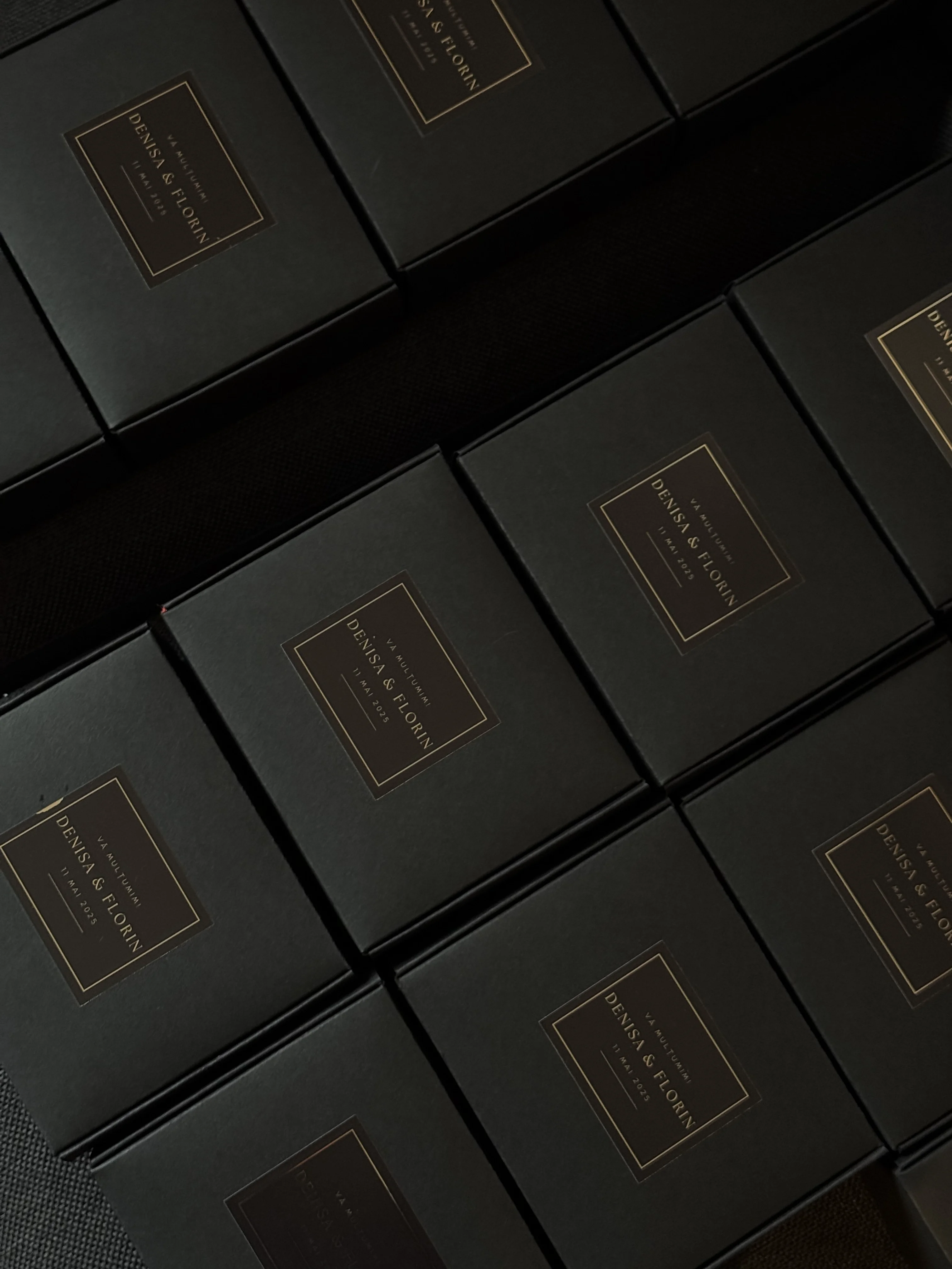 Black wedding favour boxes with gold lettering